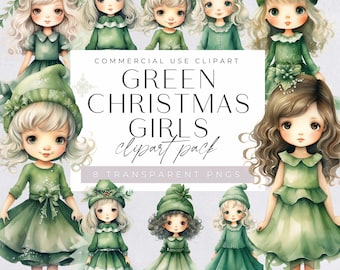 Groene kerstmeisjes, winter aquarel meisje clipart, gezellige muts meisjes, kerst papieren poppen, illustratie, commerciële licentie, png