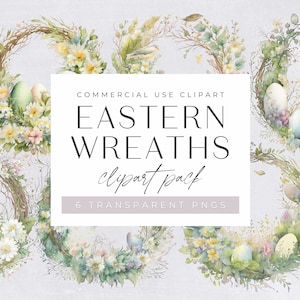 Easter Wreaths Clipart Pack, Watercolour Clipart for commercial use, Transparent PNGs, Happy Easter, Floral Easter Egg Wreath