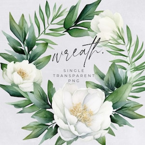 Magnolia Wreath Clipart, SINGLE IMAGE, Floral Watercolor Half Wreaths, White Flowers, Wedding Invitation, transparent png, Commercial Use