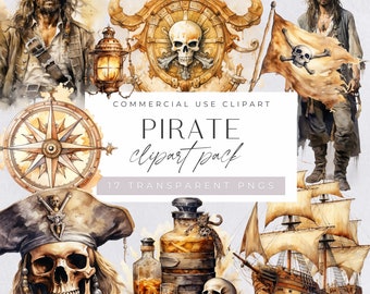 May include: A digital clipart pack of 17 pirate themed illustrations. The illustrations are in watercolor style and include a pirate, a skull and crossbones, a compass, a bottle of rum, a ship, and a lantern. The illustrations are perfect for creating digital projects, such as invitations, cards, and scrapbook pages.