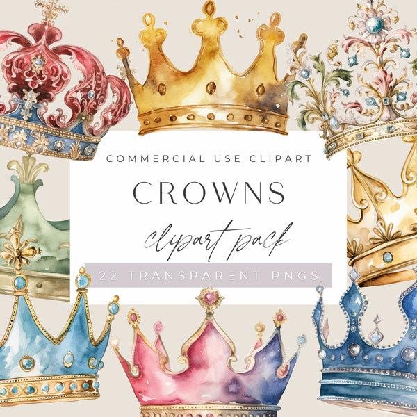 Crowns Watercolor Clip Art, Commercial Use, Transparent PNGs, Royal Crown Clipart, Princess Tiaras, King, Queen, Prince, Gold, Colorful