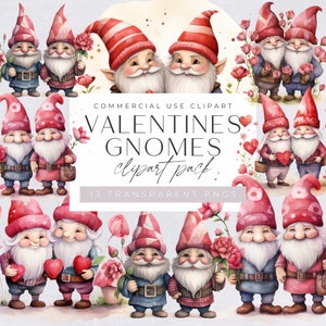 Pacchetto di clipart di gnomi di San Valentino ad acquerello, clipart di coppia, grafica di San Valentino, illustrazioni di gnomi scandinavi rossi, uso commerciale