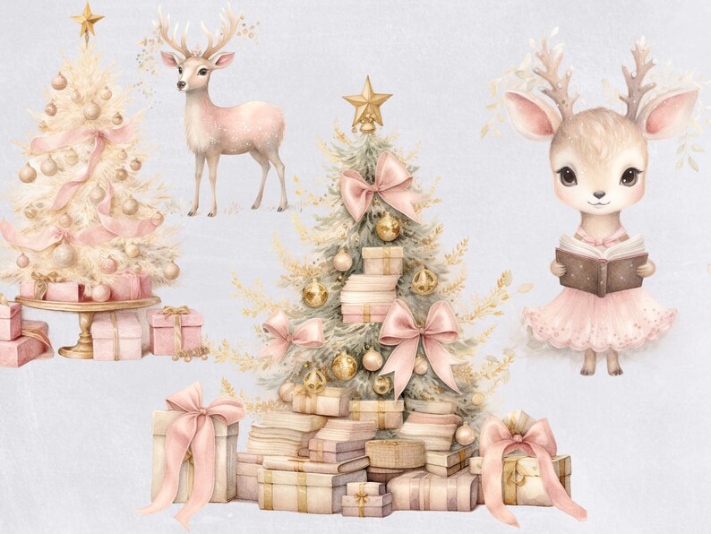 Watercolor Pink Christmas Clipart Bundle, Holiday Season Clip Art, Cute ...