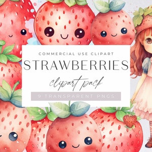 Pack de cliparts fraises, clipart fraise mignon, fruits d'été aquarelle rouge, baies, confiture, usage commercial, PNG transparents, fabrication de cartes