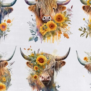 Highland Cow Clipart Watercolor With Sunflowers, Cute Cow Clip Art for ...