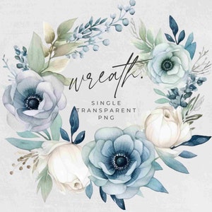 Watercolor Winter Wreath Clipart, SINGLE IMAGE, Blue Floral Watercolor, Half Wreaths, Wedding Invitation, transparent png, Commercial Use