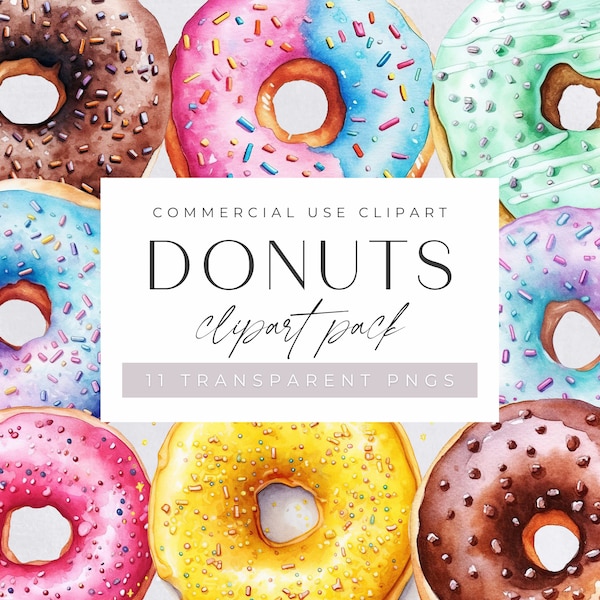Donuts Watercolor Clip Art, Commercial Use, Transparent PNGs, Childrens Printables, Bakery & Dessert Graphics for Party Invitations,