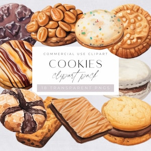 Chocolate Chip Cookies Clipart, Watercolor Cookie Clip Art, Baking Graphics, Biscuit pngs, Dessert  & Food illustrations, Commercial Use