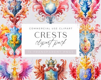 Wedding Crest Clipart, Floral Crest, Family Crest, Bright and Colorful Watercolor, Crest Emblem, Wedding Invitation, Commercial Use