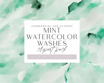 Mint Watercolor Washes Clipart, Green Texture Backgrounds for commercial use, Watercolor Splashes, Transparent PNGs, Digital Download