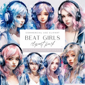 Clipart de niña y auriculares. Chica gamer, clipart de videojuegos en acuarela, adolescente escuchando música, auriculares, pegatinas para agenda