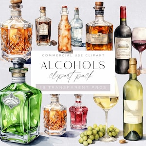 Clipart aquarelle de boissons alcoolisées, clipart alcool, graphismes whisky, bière png, bouteille de vin rouge, verre à vin blanc, bourbon png, alcool
