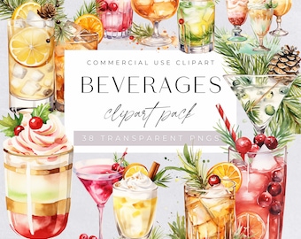 Watercolor Christmas Beverages Clipart, Signature Drink Clip Art, Cocktail Illustration, Alcohol Mixer Drinks png, Commerical Use,
