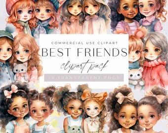 Best Friend Clipart Watercolor, Bestfriends Graphics, Besties, Soul Sisters, Sisters, Girls and Friendship Clip Art, Female Friend Png,