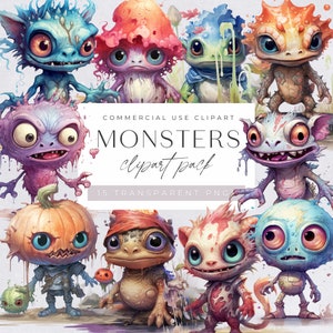 Niedliche Halloween Monster Clipart, Aquarell, Halloween-Party-Einladung, Fantasie, Spooky, Unheimlich, Geburtstag, digitaler Download, transparente png