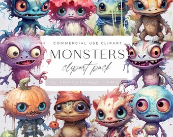 May include: A digital clipart pack of 15 colorful, whimsical monsters with googly eyes. The monsters are in various poses and expressions, and they are all set against a white background. The text "COMMERCIAL USE CLIPART MONSTERS clipart pack 15 TRANSPARENT PNG" is displayed in the center of the image.