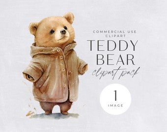 Neutral Teddy Bear Watercolor Clipart | SINGLE IMAGE | in coat, commercial use, Transparent PNGs, Cute Baby Shower Graphic for boy or girl,