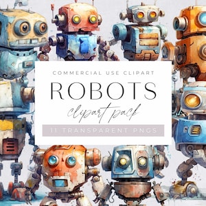 かわいいロボットの水彩画のクリップアート、商用利用、透明なPNG、子供向けの印刷物、パーティーの招待状用のグラフィックとイラスト、