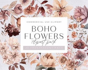 Boho Watercolor Floral Clipart Pack, Clipart for commercial use, Neutral, Transparent PNGs, Wedding Botanical Florals, Autumn Dried Flowers