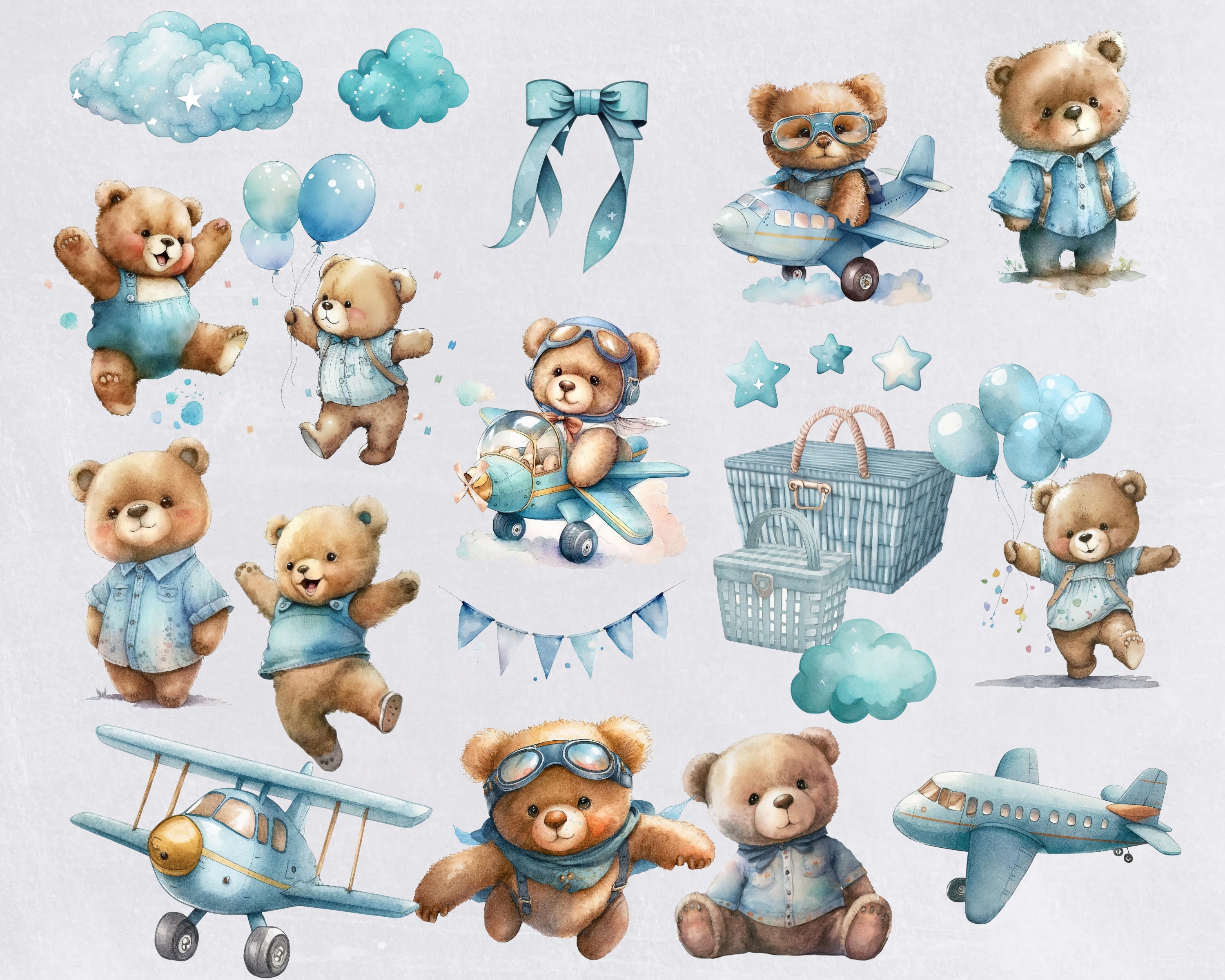 Watercolor Teddy Bear Clip Art Clipart Pack, Baby Shower for a Boy ...