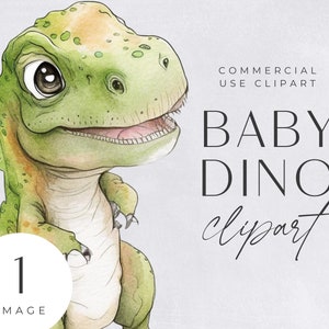 May include: A watercolor illustration of a green baby dinosaur with big eyes. The dinosaur is looking to the right and has its mouth slightly open. The background is a light gray.