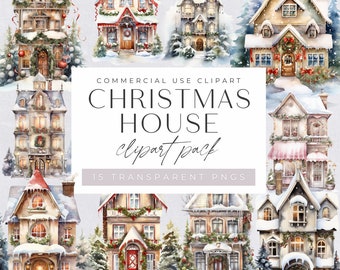 Christmas Village Houses Clipart, Winter Snow Topped House, Scandi Houses, Watercolor Scene with Trees, Holiday Clip Art, Commercial Use,