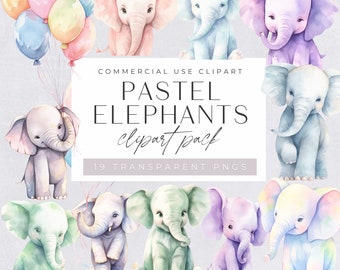 Circus Elephant with Balloons Clipart, Watercolor Clip Art Pink and Purple Pastel Elephants, Carnival Graphics, Baby Shower Transparent Png