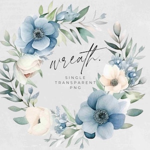 Watercolor Winter Wreath Clipart, SINGLE IMAGE, Blue Floral Watercolor, Half Wreaths, Wedding Invitation, transparent png, Commercial Use