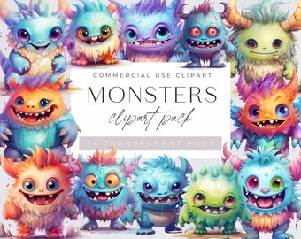 Cute Halloween Monsters Clipart, Watercolor, Halloween Party Invitation, Fantasy, Spooky, Scary, Birthday, Digital Download, transparent png
