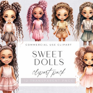 Cute Pink Doll Clipart Watercolor, Sweet Dolls with braids & long hair, Girls Decor, Whimsical Toy, commercial use, Transparent PNGs,
