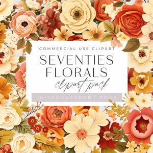 Retro Floral Clipart, Colorful Seventies Flowers Clip Art, Boho Groovy Hippi Flowers, Watercolor Terracotta Florals, Transparent PNGs,