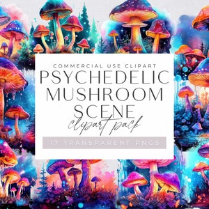 Clipart psychedelische paddestoelscène, magische mystieke paddestoelen voor commercieel gebruik, kleurrijke, aquarel paddestoelcluster transparante png-bestanden,
