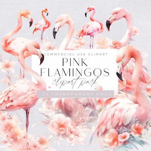 Flamingo Clipart commercial use,  Pink Flamingos, Watercolor Tropical Birds, Exotic, Card Making, Junk Journal Clip Art, Transparent PNGs,