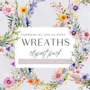 Wild Flower Wreath Clipart Bundle, Watercolor Garden clipart, Floral Wreaths, Delicate Flower, Wedding Invitation Clip Art, transparent png
