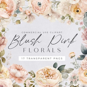 Pack de cliparts fleur printanière rose blush, aquarelle fleurs Clipart commercial, jaune, bouquet de fleurs clipart, PNG transparents, mariages