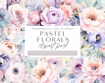 Puede incluir: Un paquete de clipart digital de 8 ilustraciones florales pastel. Las flores son en tonos de rosa, morado y azul. El texto "COMMERCIAL USE CLIPART PASTEL FLORALS clipart pack 8 TRANSPARENT PNGS" está sobre un fondo blanco.