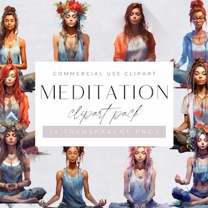 Meditation Clipart , Yoga Pose and Mindfulness, Watercolor Women Meditating, for commercial use, Transparent PNGs, Bohemian Meditator,