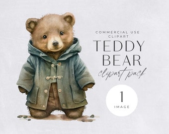 Winter Teddy Bear Clipart | SINGLE IMAGE | for commercial use, Transparent PNGs, Neutral Baby Shower, Cute Boho Watercolor Wall Art