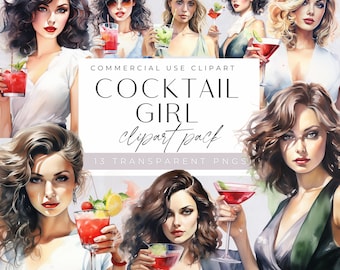 Clipart fille cocktail, graphiques soirée entre filles, clipart filles mode, aquarelle alcool png, illustration de femme buvant, des cliparts boissons