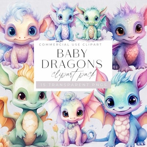 Cute Baby Dragons Clipart, Watercolor Fairy Tale Illustrations, Fantasy Clip Art, Paper Crafts, Kids Birthday Invite Graphics, Nursery Decor