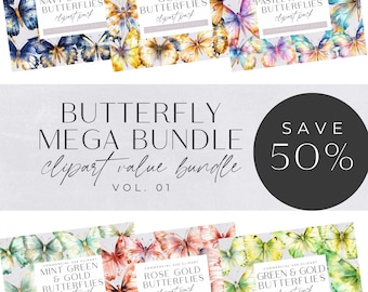 Watercolor Butterfly Clipart Bundle, Pink, Green, Gold, Navy Blue, Pastel, Colorful Butterflies, Spring & Summer Clip Art, Commercial Use