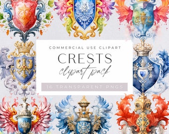 Wedding Crest Clipart, Floral Crest, Family Crest, Bright and Colorful Watercolor, Crest Emblem, Wedding Invitation, Commercial Use