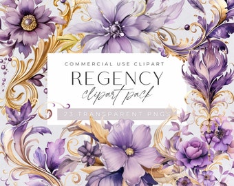 Regency Clipart, Junk Journal Graphics, Vintage Purple & Gold Wedding Invitation Clip Art, Wedding Crests, Commercial Use, Transparent Png