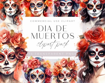 Dia de Muertos clipart, Day Of The Dead Clipart, Watercolor Skull and Flowers,  Skull Svg, Fiesta Clipart, Mexican Clipart, Sugar Skulls
