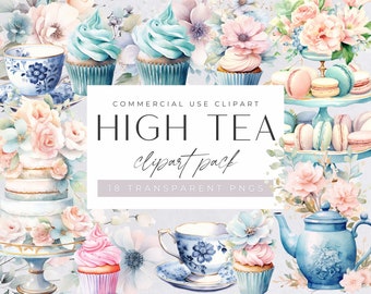 Watercolor High Tea Clipart, Commercial Use, Transparent PNGs, Teacups, Afternoon Party Invitation, Tea Time, Cupcakes Clip Art,