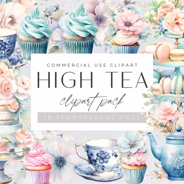Watercolor High Tea Clipart, Commercial Use, Transparent PNGs, Teacups, Afternoon Party Invitation, Tea Time, Cupcakes Clip Art,