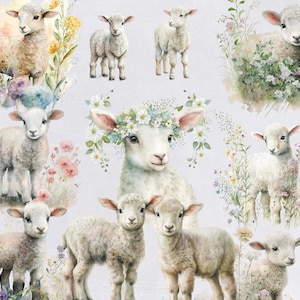 May include: A watercolor illustration of nine white lambs in a field of flowers. The lambs are all different sizes and have different expressions on their faces. Some of the lambs are wearing flower crowns. The background is a light blue color.