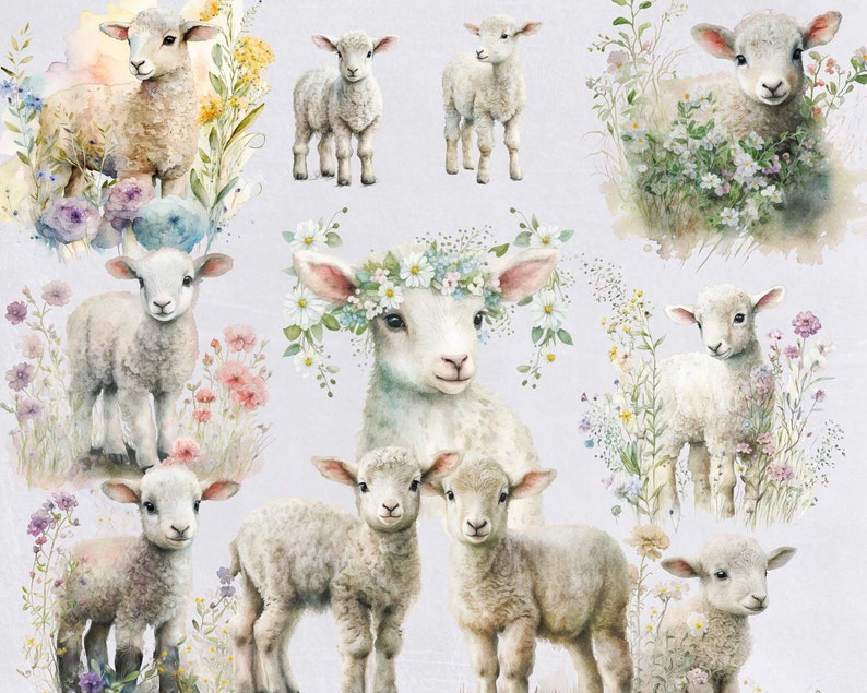 May include: A watercolor illustration of nine white lambs in a field of flowers. The lambs are all different sizes and have different expressions on their faces. Some of the lambs are wearing flower crowns. The background is a light blue color.