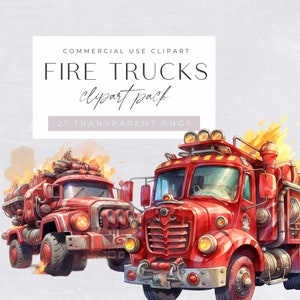 Fire Truck Clipart, Watercolor Firefighters Clip Art, Red Vintage Trucks, Fireman, Svg, Instant Download, transparent png, Commercial Use