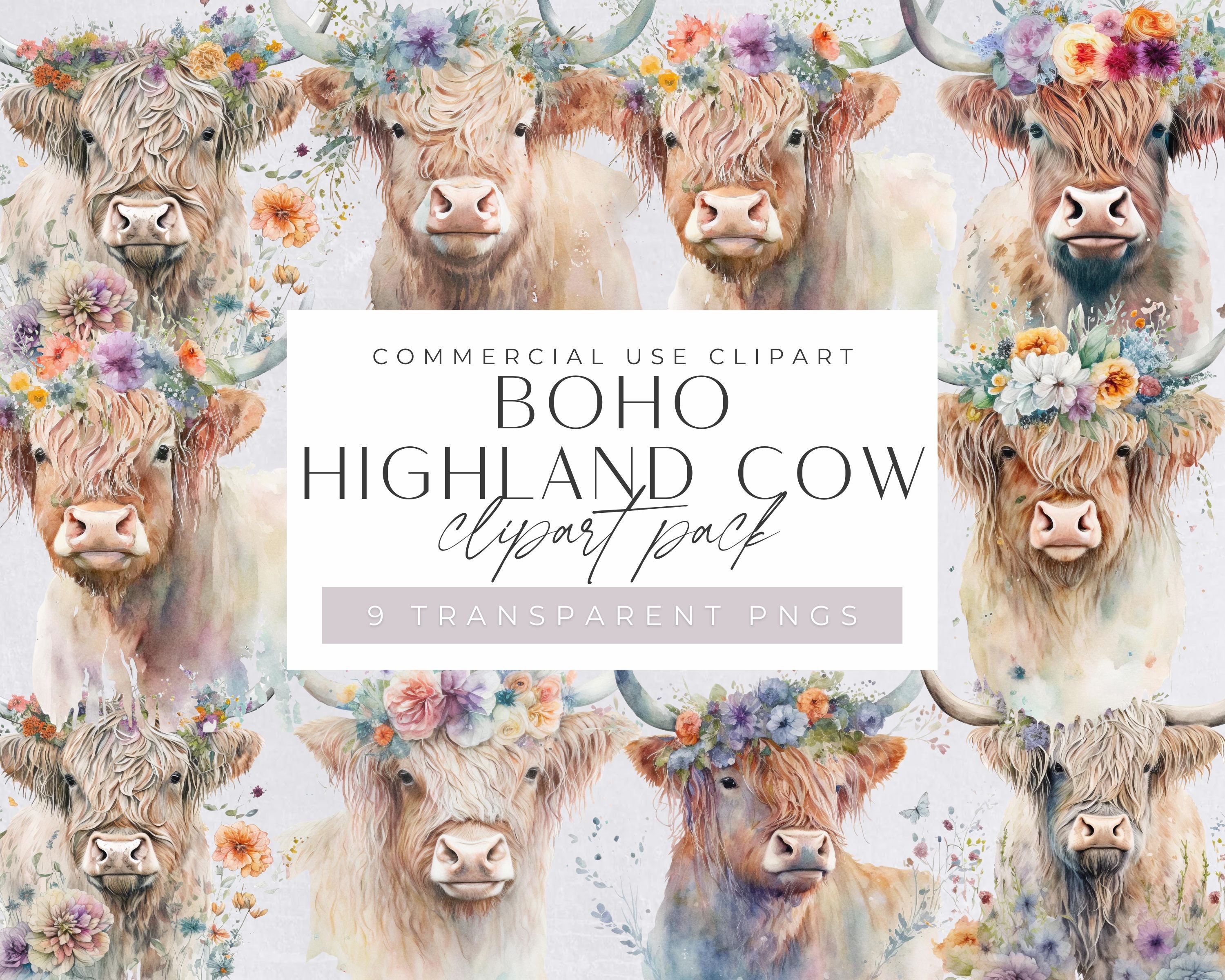 Boho Highland Cow Clipart Watercolor, Cute Cow With Flowers Clip Art ...